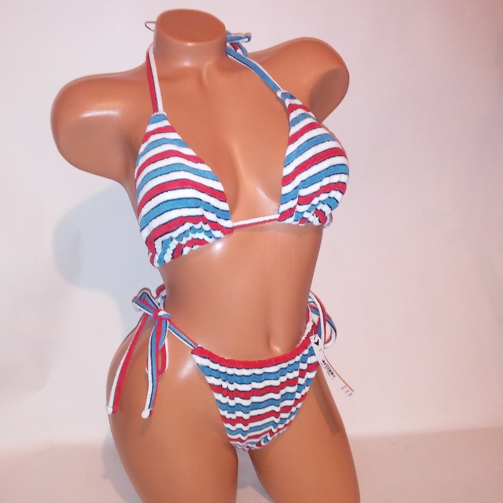 Victoria Secret PINK Swim Bikini XL Top & Bottom Red White Blue Terry Cloth New